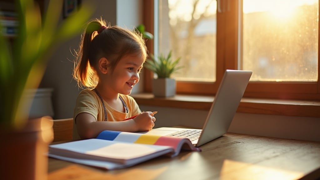 A child at a desk during an online French or Spanish lesson with color-coded workbooks