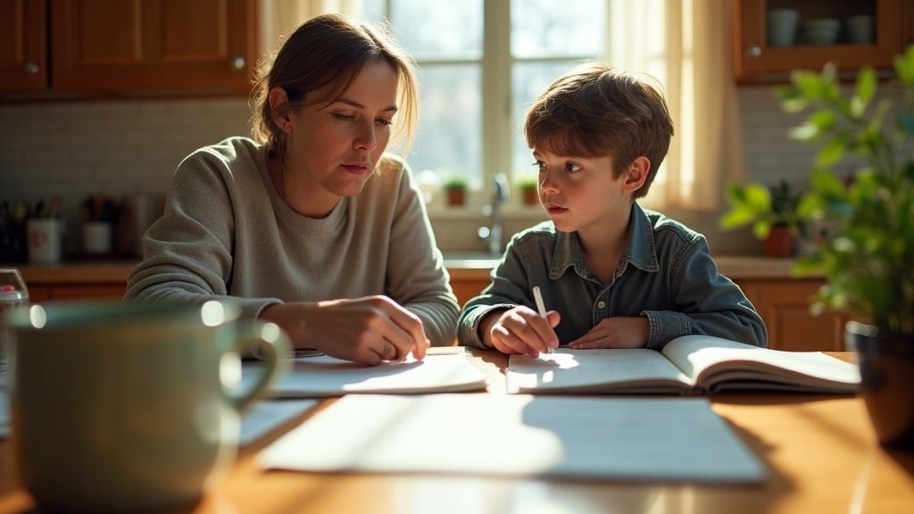 A homeschool parent and teen figuring out how many hours their language credit needs at the kitchen table, using a transcript planner.
