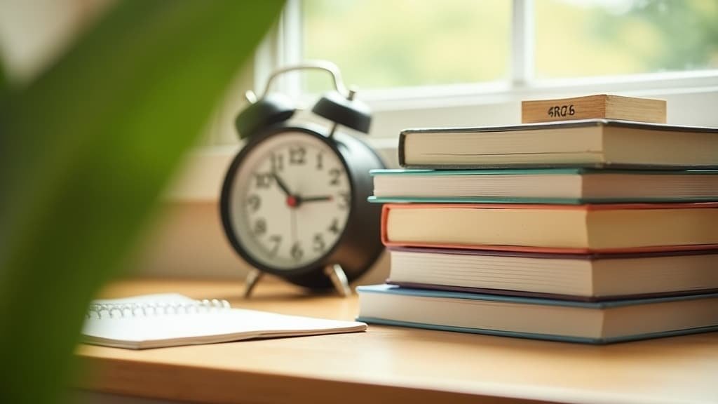 A stack of homeschool language workbooks beside a clock, representing logged hours toward a high school credit.