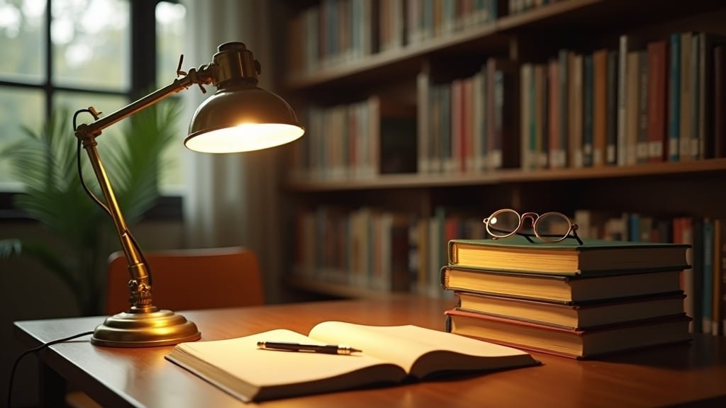 A warm library desk with a stack of books, reading glasses, and a brass lamp, representing choosing between IB and AP French