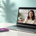A phone with a language app beside a laptop showing an online tutor