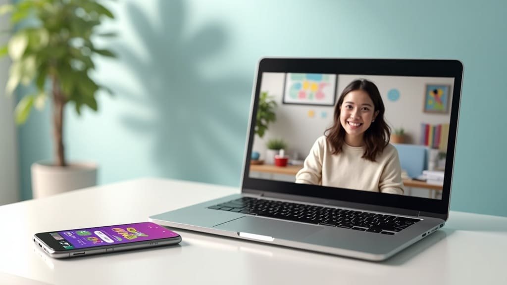 A phone with a language app beside a laptop showing an online tutor