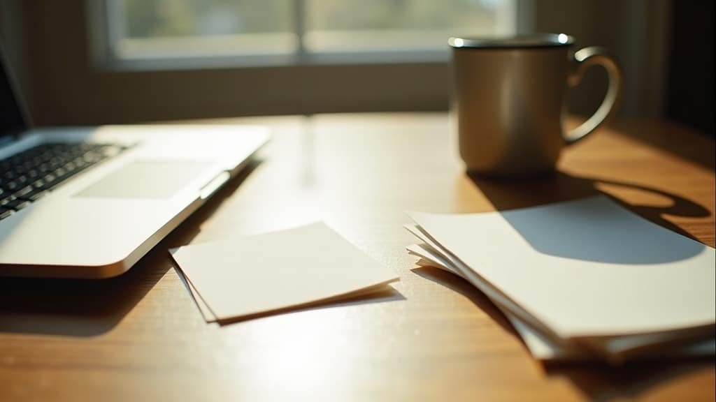 A laptop and blank receipt cards on a desk with coffee