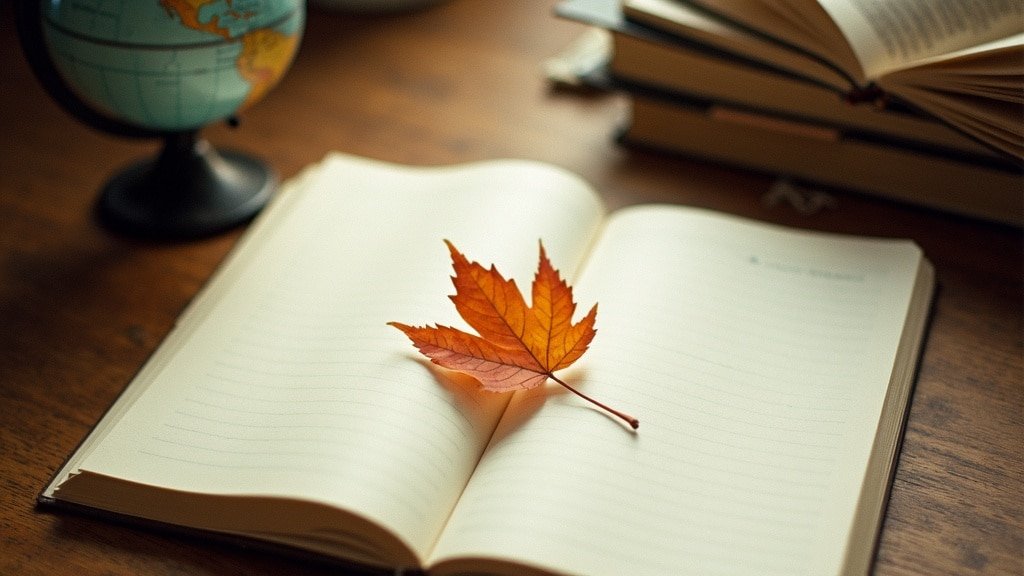 A maple leaf resting on a blank open notebook beside a small globe and books