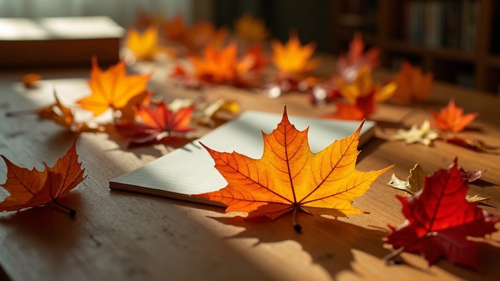 Autumn maple leaves scattered across a desk with a blank open notebook