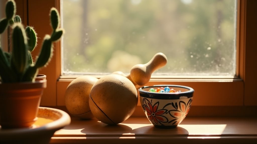 Maracas and a hand-painted talavera bowl on a sunlit windowsill