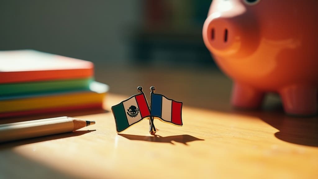 A crossed Mexican and French flag pin beside colorful books and a piggy bank