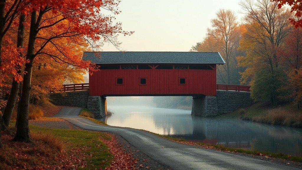 A red covered bridge over a misty river surrounded by autumn maple trees in New Brunswick