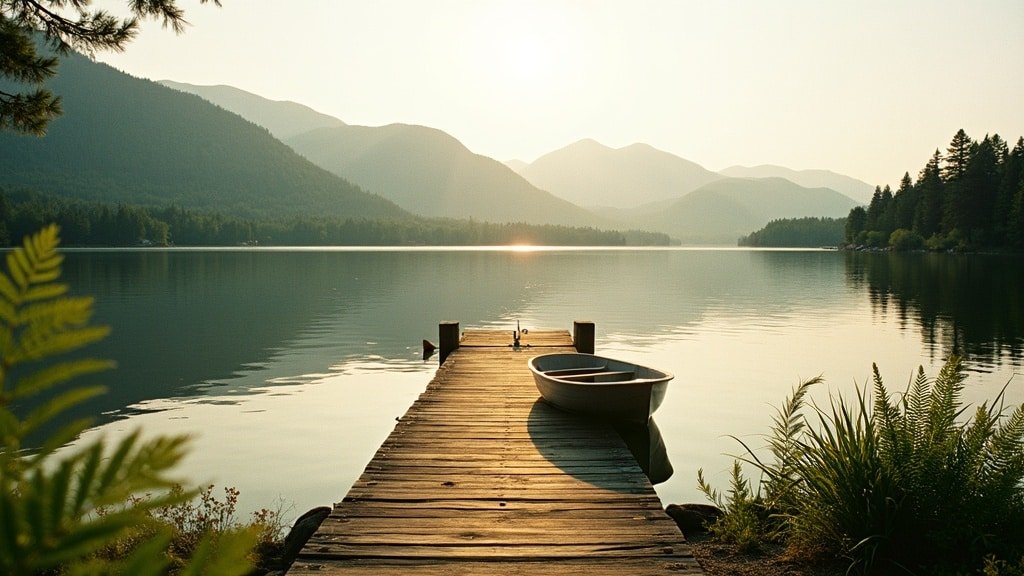 A New Hampshire Lakes Region dock and mountain view at golden hour, representing the state's Education Freedom Account program