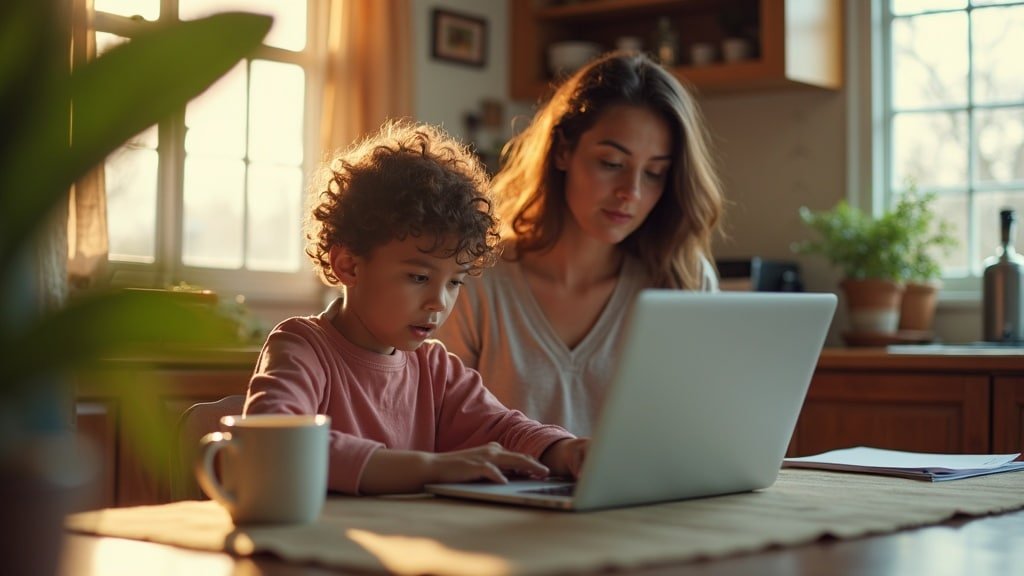 A parent and child reviewing a New Hampshire Education Freedom Account tutoring application together at a laptop
