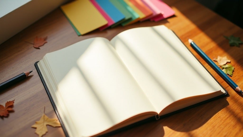 A notebook, colorful flashcards and autumn leaves on a desk, ready to start the homeschool language year in September