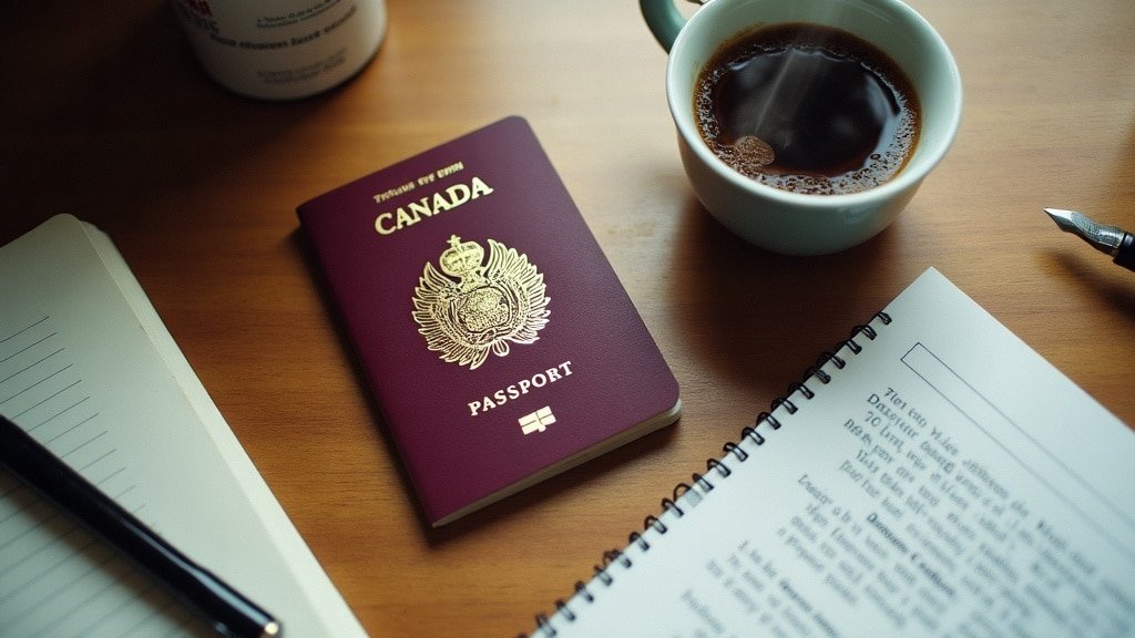 Overhead flatlay of a closed passport, pen and coffee cup for a TEF Canada Express Entry study session