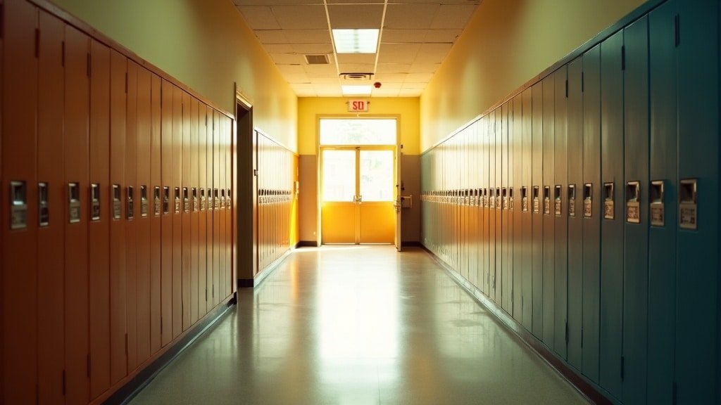 An empty elementary school hallway with lockers