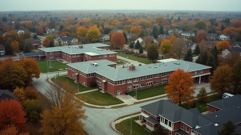 An Ontario suburban neighborhood with school buildings among autumn trees