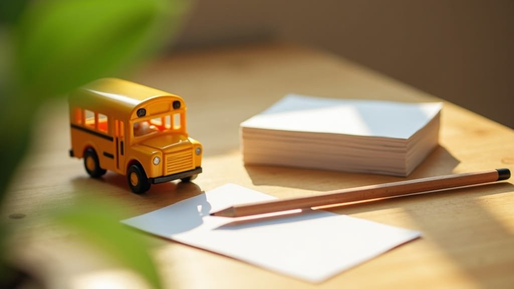 A toy school bus beside a stack of blank flashcards on a table