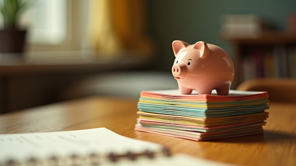 A small piggy bank resting on a stack of colorful flashcards, representing budgeting ESA funds for language tutoring