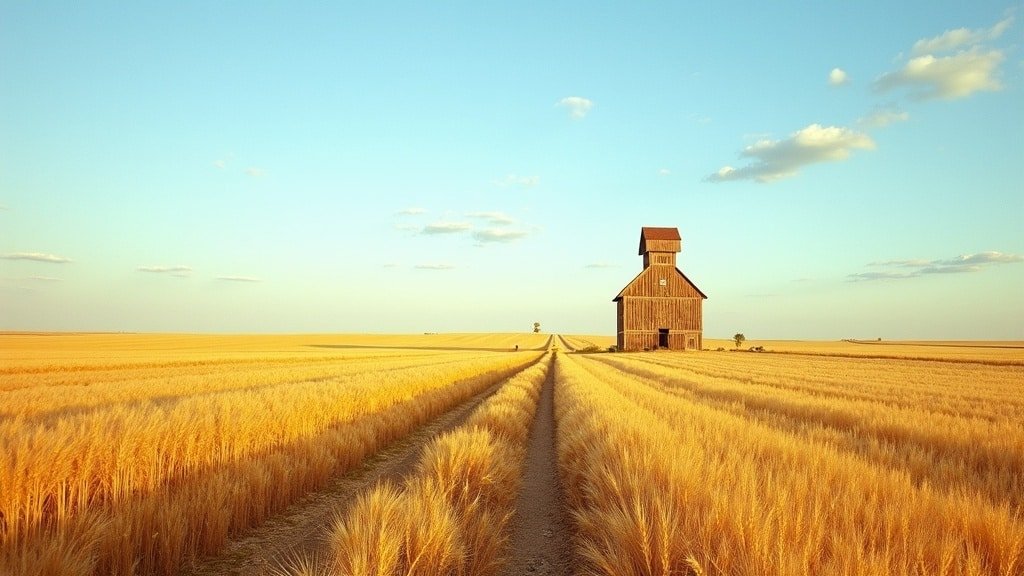 A golden wheat field with a wooden grain elevator on the prairie horizon, representing Manitoba and Saskatchewan