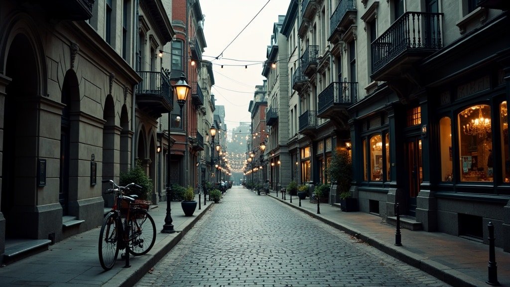 A quiet cobblestone street in Old Montreal lined with historic stone buildings under an overcast sky