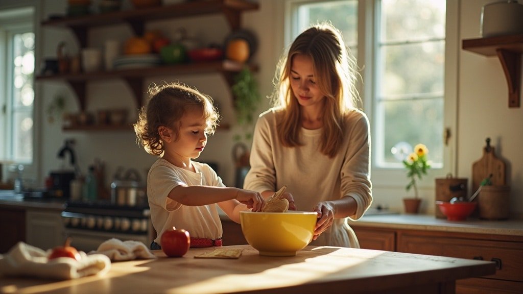 A parent and child cooking together in a candid kitchen scene