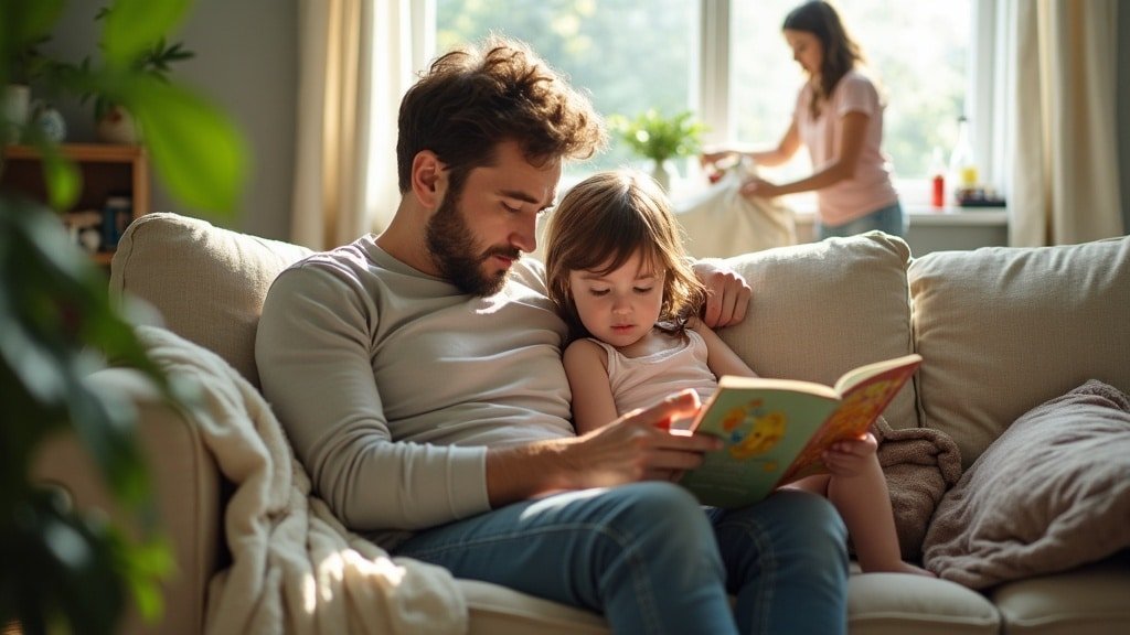 A parent reading with a child on the couch while a second parent works in the background, the kind of everyday exposure that matters when one parent doesn't speak French or Spanish