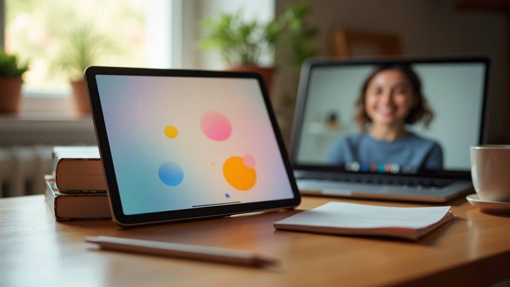 A tablet showing a language app beside a laptop mid video call, on a kitchen table