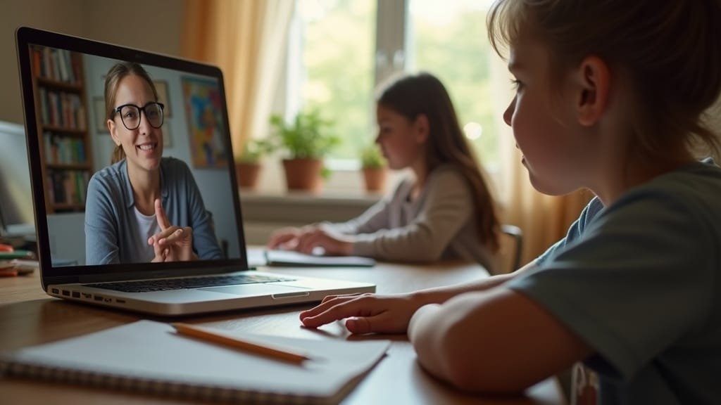Rosetta Stone vs a Real Tutor for Kids: An Honest Review 2 A parent sitting behind a child at a laptop during a live tutoring video call with an adult tutor visible on screen