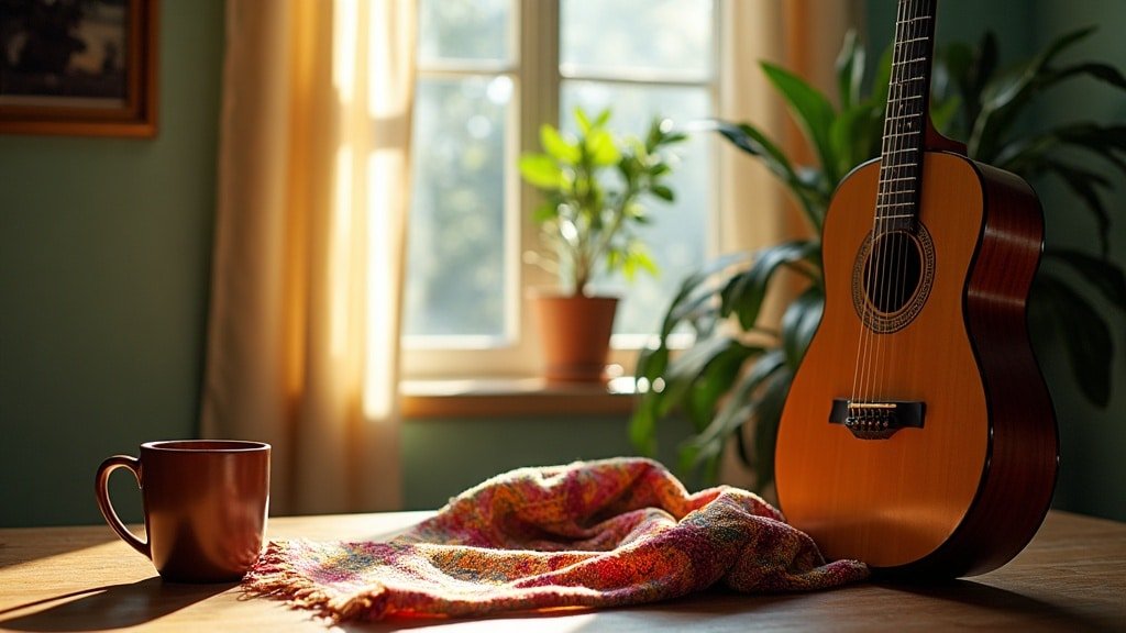Warm still life with a guitar and colorful textile in a Latin-inspired reading corner