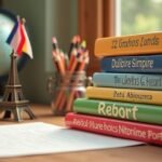 A stack of colorful French language books with an Eiffel Tower figurine and a globe