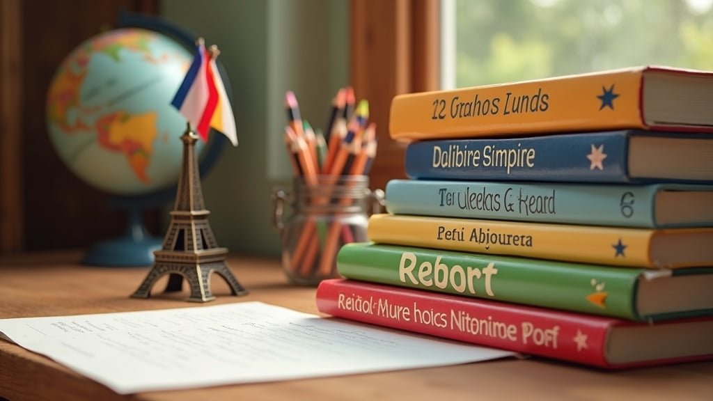 A stack of colorful French language books with an Eiffel Tower figurine and a globe
