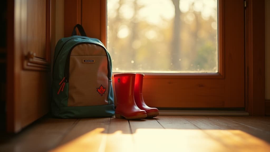 A child's backpack and rain boots by a front door in morning light