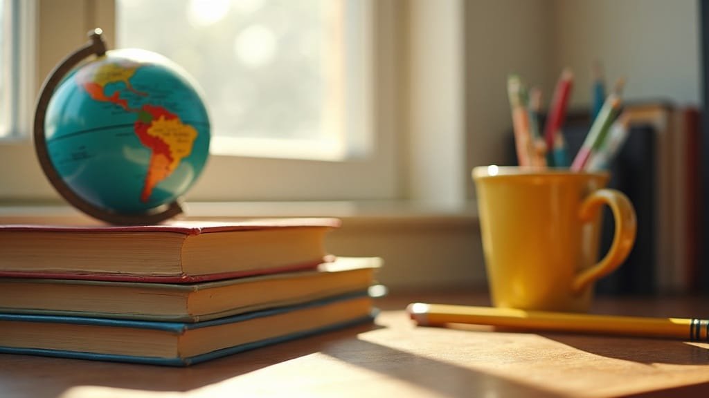 A stack of Spanish-language books and a small globe turned to the Americas on a homeschool desk
