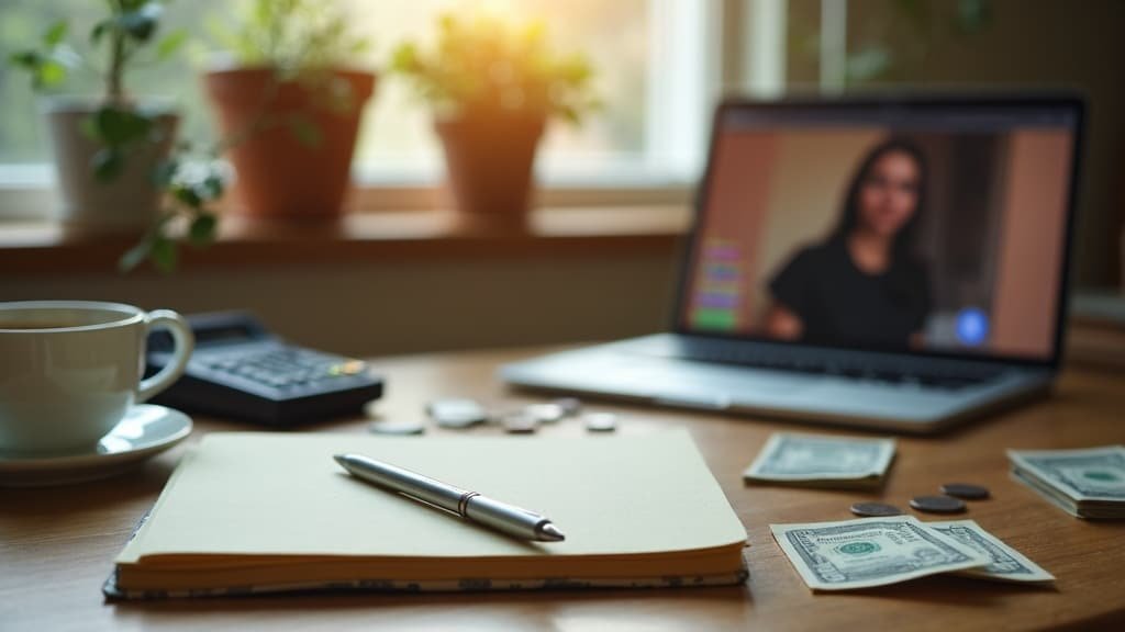 A desk with a closed notebook, calculator, coffee, coins, and a laptop showing a blurred video tutoring call, representing the cost of Spanish tutoring in Canada
