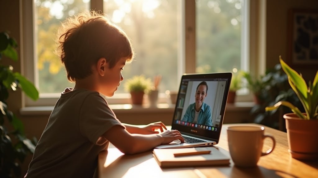A homeschool kid video-calling a Spanish tutor at a sunlit US kitchen table