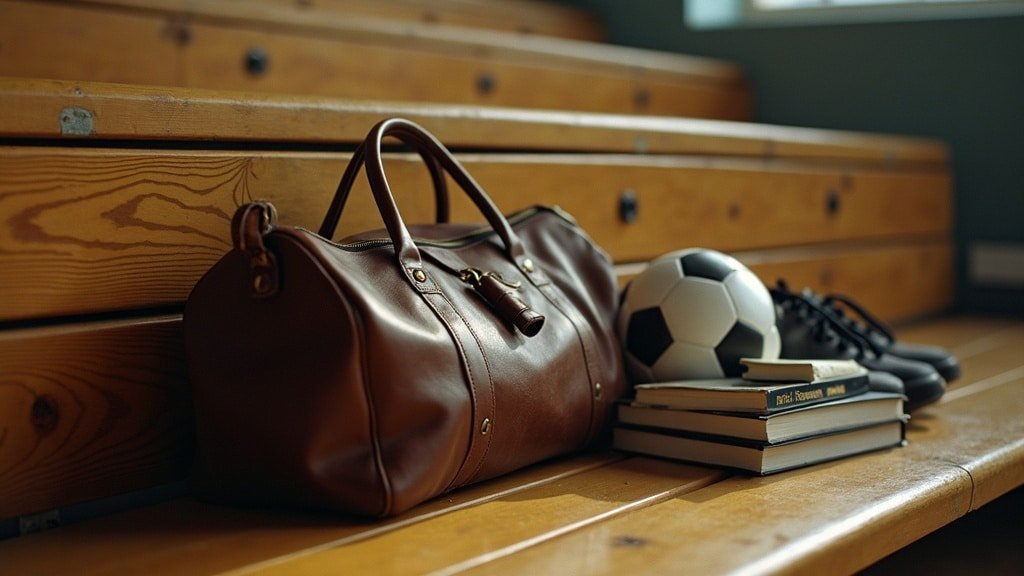 A sports duffel bag, soccer ball and textbooks on a wooden bench