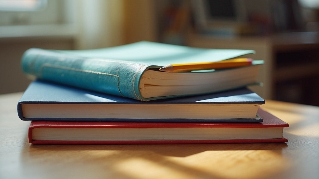 Different colored school workbooks stacked on a desk representing different French Immersion programs