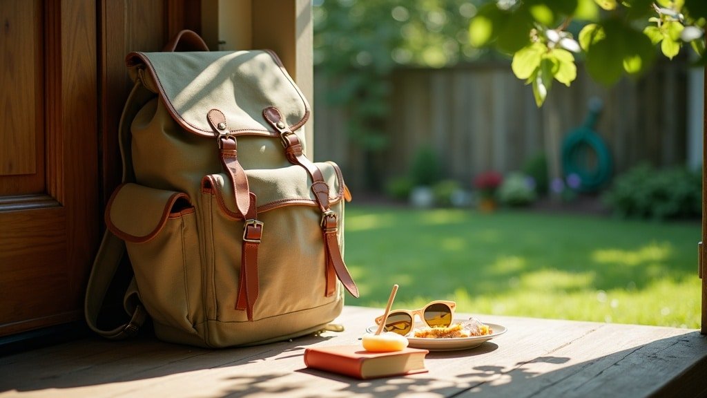 A backpack, closed book, sunglasses, and popsicle on a sunny porch step, representing summer break from French immersion