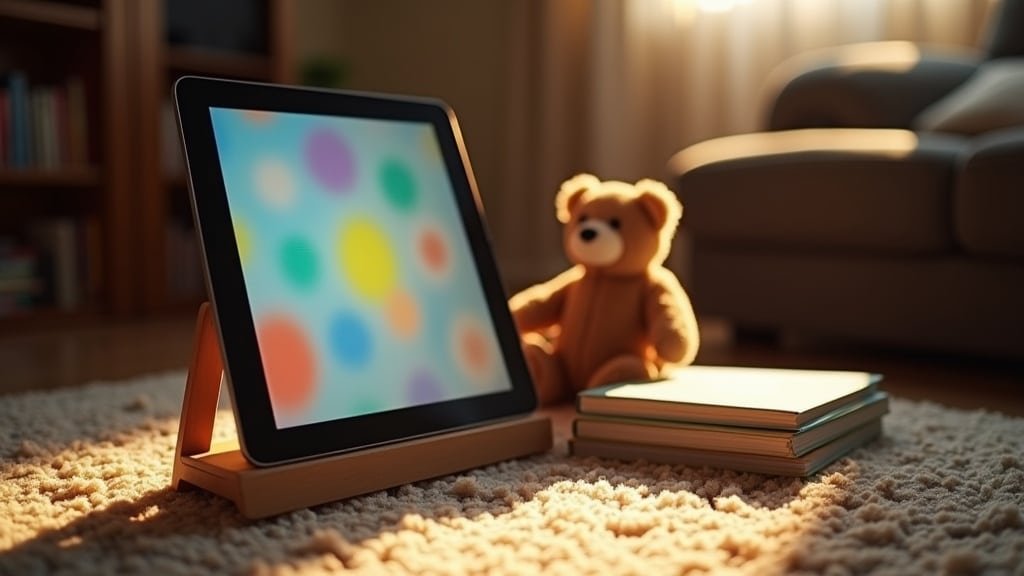 A tablet propped up beside a teddy bear and board books on a cozy rug
