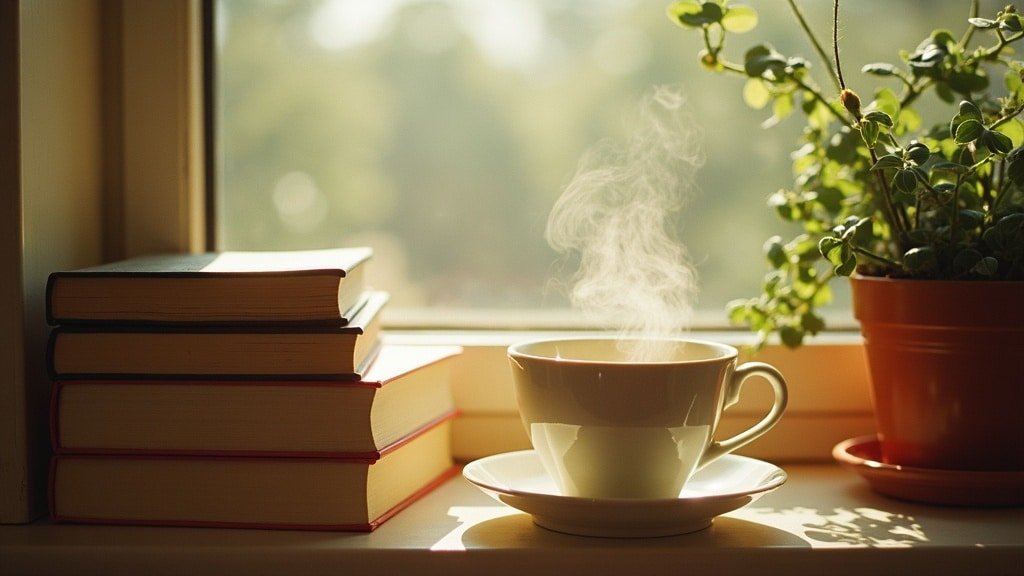 A cup of tea and a stack of hardcover books on a sunlit windowsill