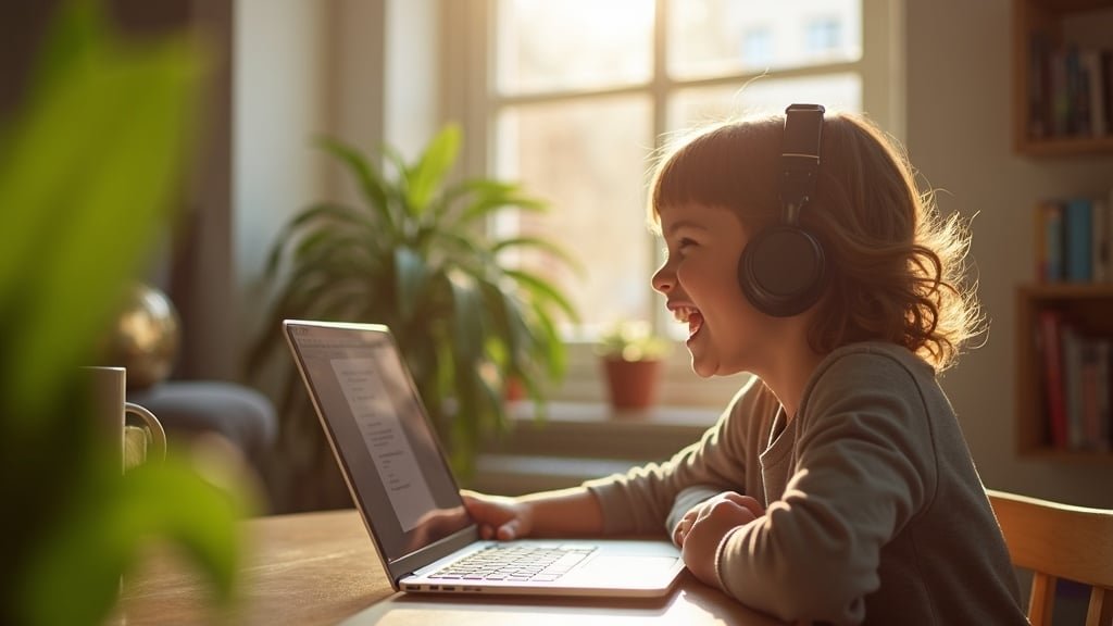 Is My 8-, 9- or 10-Year-Old Too Old to Start French or Spanish? 1 A 9-year-old laughing during a one-on-one online French lesson, showing that 8, 9 and 10 year olds are not too old to start learning a second language.