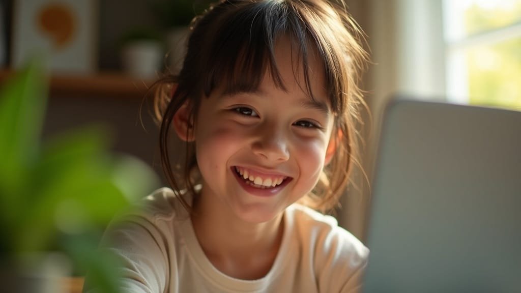 Is My 8-, 9- or 10-Year-Old Too Old to Start French or Spanish? 2 A child's face lit by warm window light during a one-on-one online French or Spanish tutoring session.
