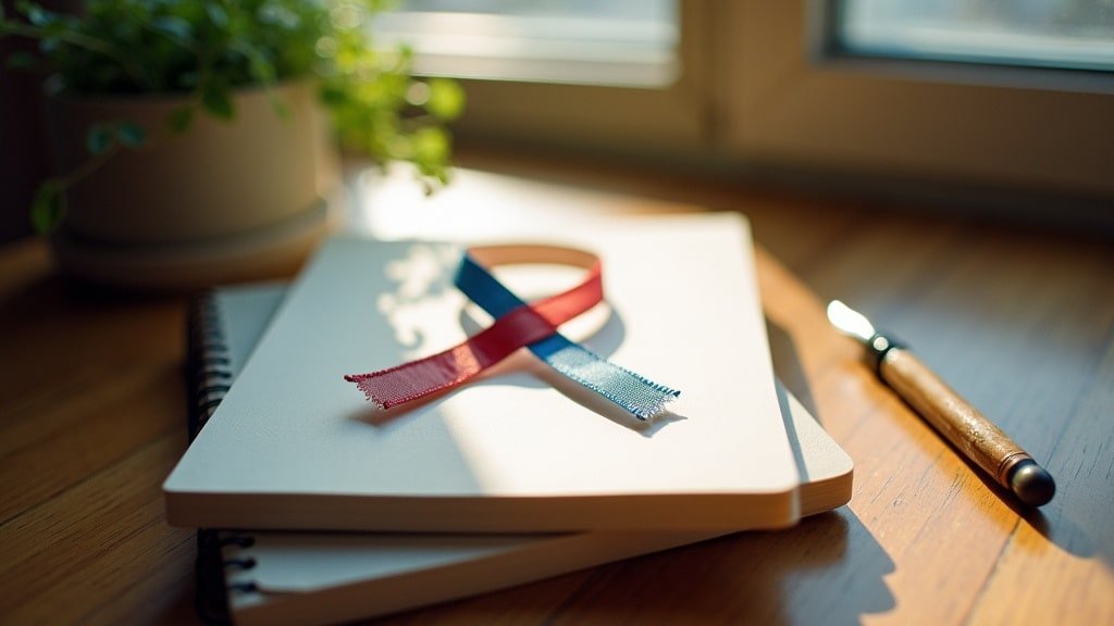 A red and blue ribbon on a stack of notebooks