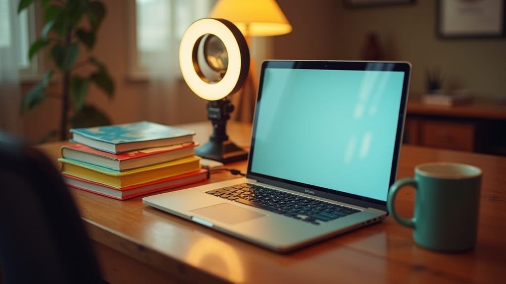 A laptop set up for a video call tutoring session with a ring light and colorful books