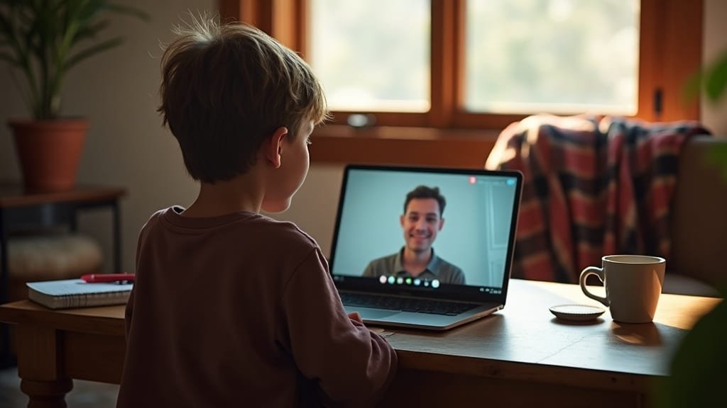 Child on a video call with an online tutor at a home desk, the kind of session Wyoming ESA funds can cover