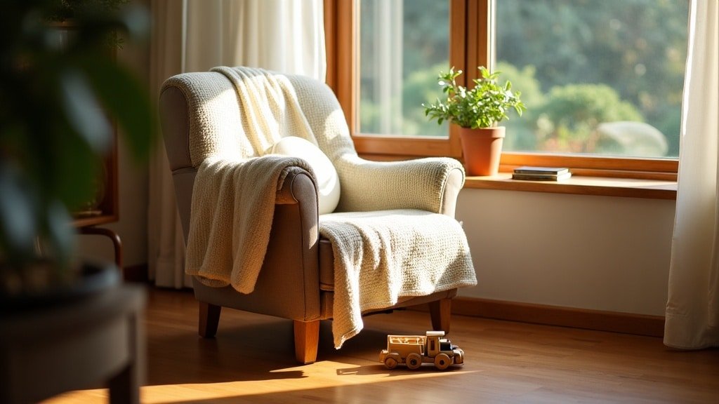One French-Speaking Parent? Why French Doesn't Always Stick 2 Cozy reading nook with a knitted blanket over an armchair, a wooden toy train and a potted plant by a sunlit window
