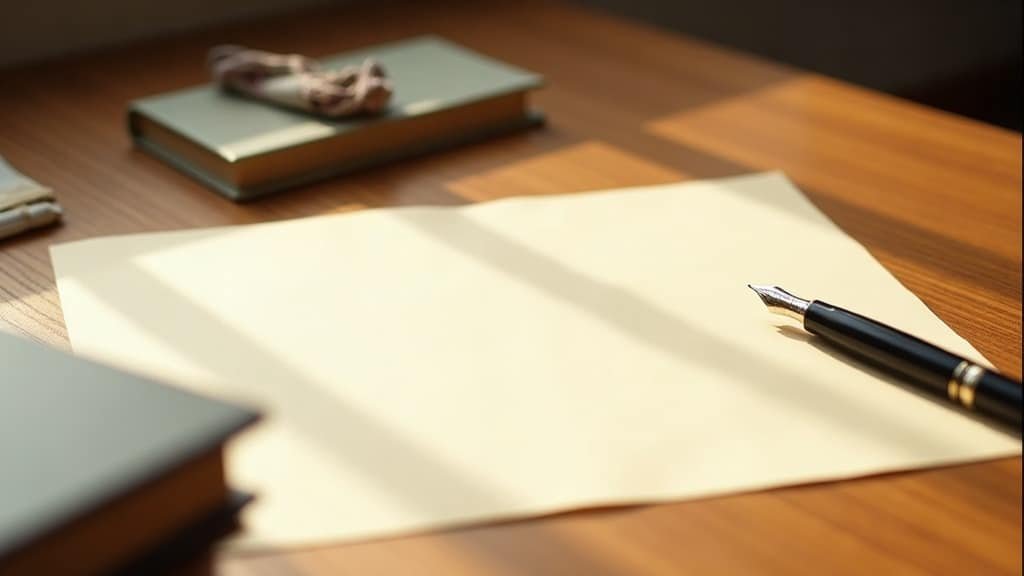 A blank certificate-style document and fountain pen on a wood desk, representing what a certified bilingual homeschool child actually earns: a DELF, DALF or DELE diploma