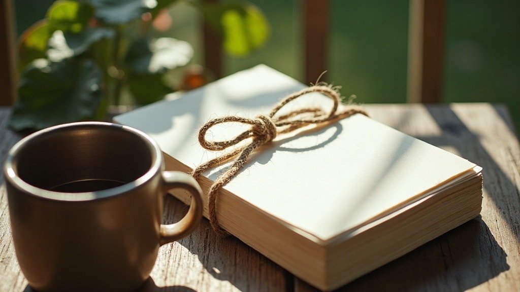A stack of blank index cards tied with string beside a mug on a porch table, representing homeschool documentation