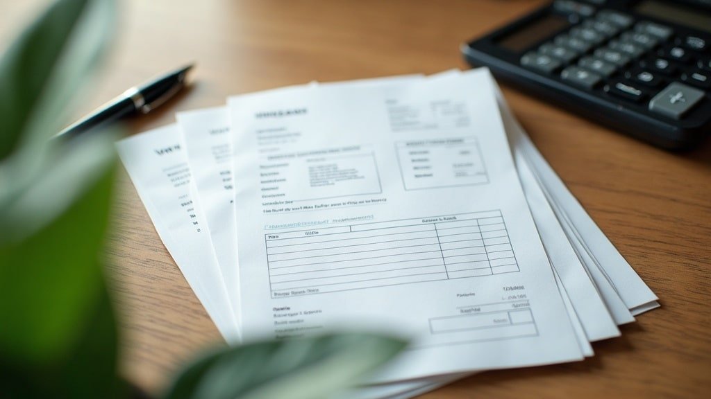 A small stack of blank paper invoices beside a pen and a calculator on a desk, representing tutoring purchase documentation