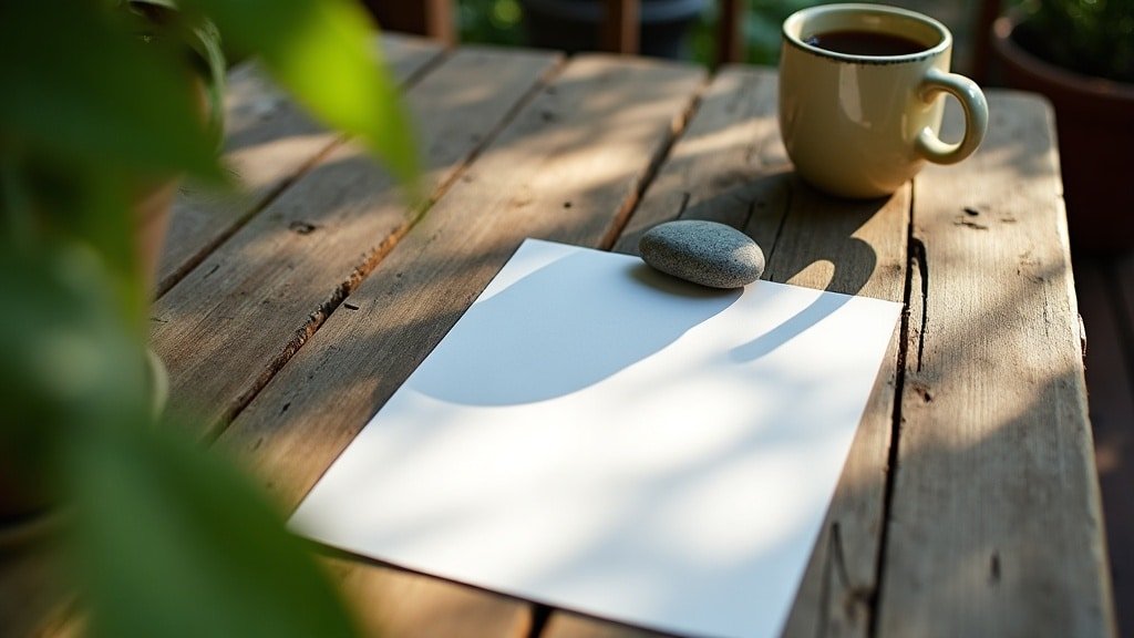 A blank report-card-style document weighted down by a small stone on a sunlit porch table beside a mug, representing an accredited homeschool language credit