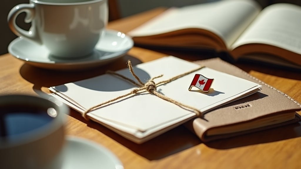 A small Canadian flag pin on a stack of postcards tied with twine beside a leather passport cover, representing preparing an Explore program application