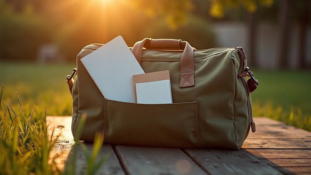 A packed duffel bag with a phrasebook and blank ticket stub in golden evening light, representing the Explore Program French Immersion Bursary